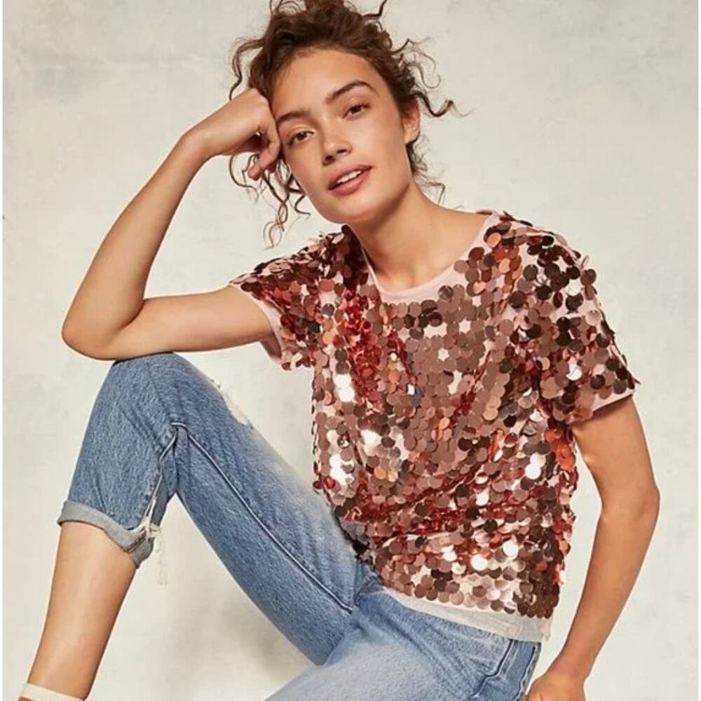 Eva‎ Franco Anthropologie Sallia Sequin Rose Gold Tee NWT Size Small